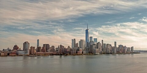 Fototapeta premium NYC skyline. Manhattan view from New Jersey, NYC skyscraper. Drone aerial view of New York City. Big Apple. NYC panorama from Hudson. Cityscape landmark. Lower Manhattan NYC.