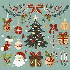 Christmas set of vector isolated elements on blue background. Vector illustration of Christmas items