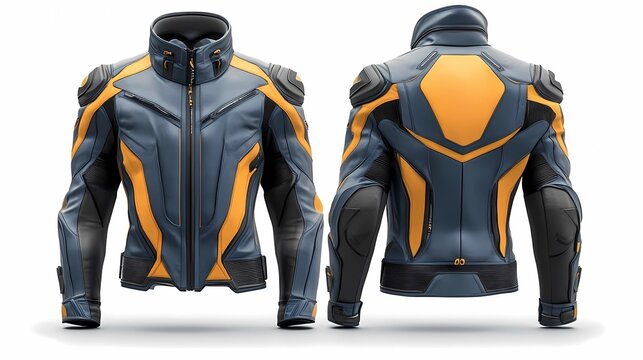 futuristic yellow grey motocycle jacket for male mockup with front and back views isolated clean white background