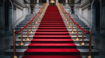 A stunning staircase adorned with a luxurious red carpet and elegant golden railings, perfect for creating a grand atmosphere.