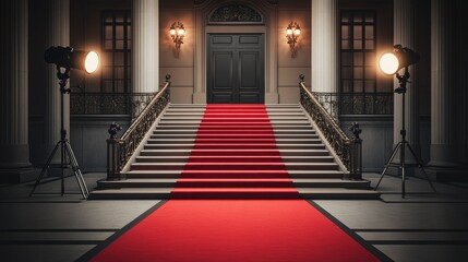Fototapeta premium Elegant entrance featuring a red carpet leading up to a grand doorway, illuminated by spotlight fixtures in a luxurious setting.