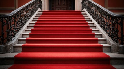 Elegant red carpeted stairs lead to a majestic doorway, perfect for showcasing luxury and grandeur in interior design.