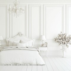 White Bedroom Interior Design with Classic Bed and Chandelier