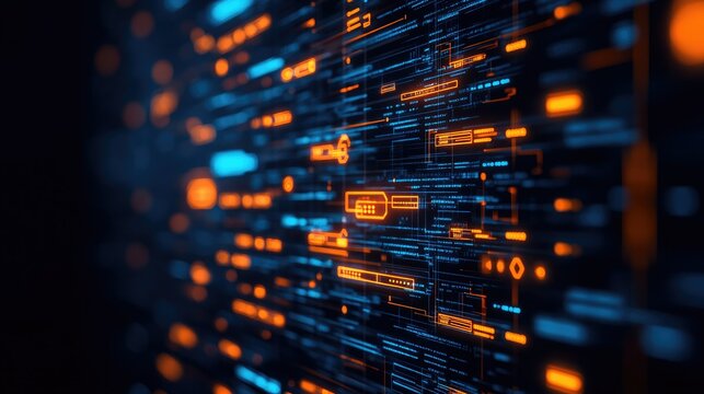 Abstract digital technology background featuring vibrant blue and orange lines representing data flow and connectivity.