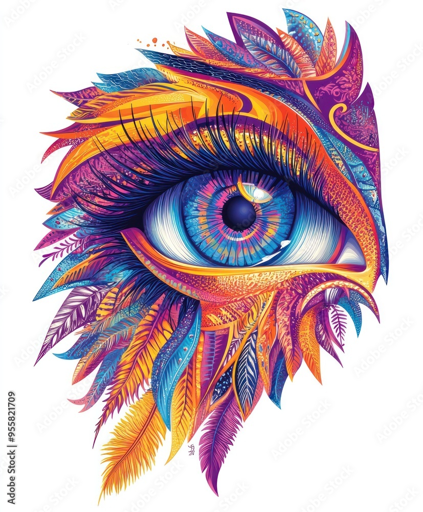 Poster A vibrant and artistic depiction of an eye surrounded by colorful feathers.