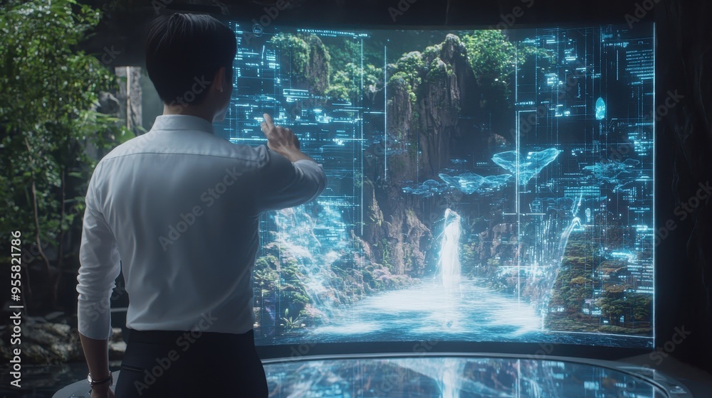 Wall mural man interacting with futuristic holographic interface showing waterfall and nature scene