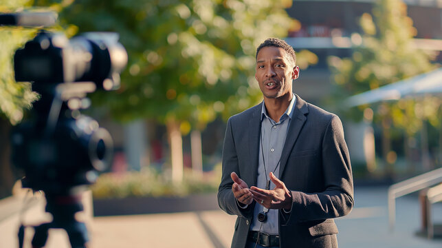 a camera on a tripod recording a businessman giving interview