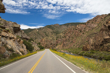 Fototapeta premium Road beside the Arkansas River flowing through Royal Gorge Canyon, Colorado