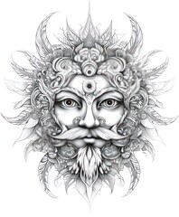 A detailed illustration of a mystical face surrounded by intricate patterns and designs.