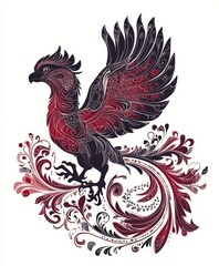 A stylized phoenix with intricate patterns in red and black, symbolizing rebirth and strength.