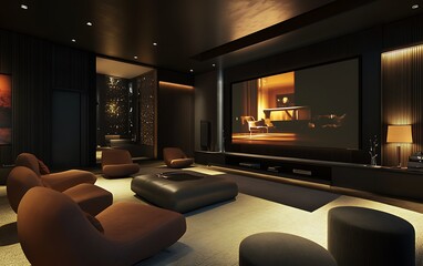 Fototapeta premium Modern Media Room with Flat-Screen TV, Comfortable Seating, and Sound System