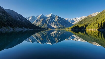 On a tranquil lake, the reflections of the mountains and blue sky on the water's surface create a perfect image, as if the world is beautifully inverted