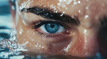 Close-up of a man's blue eye emerging from water