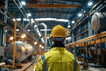 A man in a yellow vest and helmet stands in a large industrial building, generative ai image
