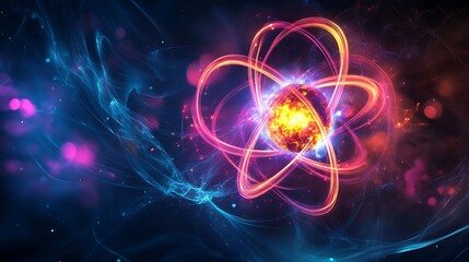 Dynamic Visualization of Nuclear Fission Process with Energy Waves and Vibrant Lighting on Dark Background