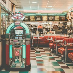 Vintage Jukebox in Retro Diner Interior with Checkered Floor