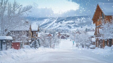 Snow-Covered Mountain Village Street with Snowy Trees and Houses