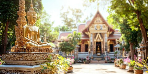 Golden Buddha Statue in a Buddhist Temple with Green Trees