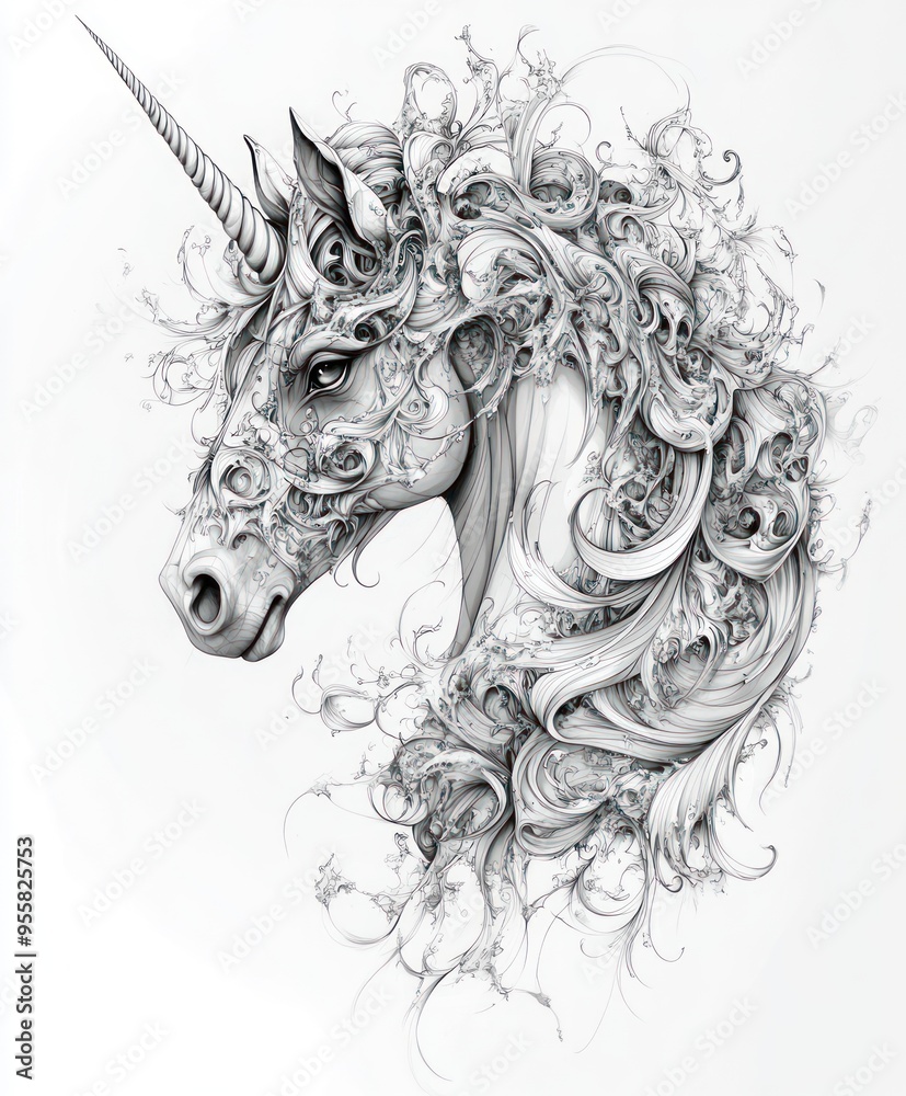 Canvas Prints An intricately designed unicorn head with flowing decorative elements.