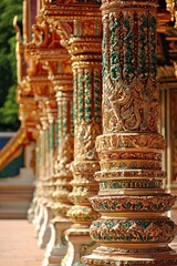 Fototapeta premium Ornate Carved Pillars in a Thai Temple
