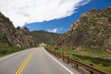 Road beside the Arkansas River flowing through Royal Gorge Canyon, Colorado