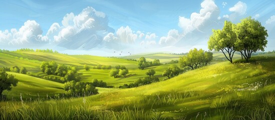 Bumpy Green Steppe Near With Trees And Blue Sky