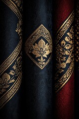 Black  Red and Gold Fabric with Floral Pattern