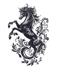A stylized black unicorn surrounded by intricate floral patterns.
