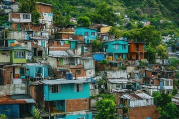 Rich villas coexist with dilapidated shanties, illustrating striking social inequality in this contrasting hillside community. Generative AI
