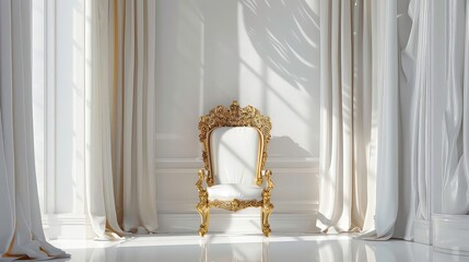 Ornate gold chair with white upholstery and white curtains in a bright room with sun shining through.