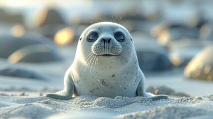 Naklejka premium Adorable Cartoon Baby Seal with a Comical Expression on a White Background