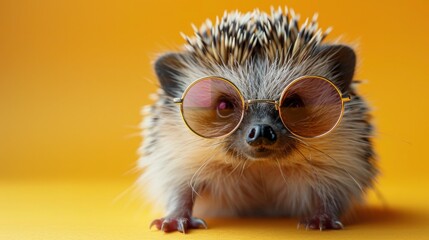 Adorable Hedgehog Wearing Glasses on Yellow Panoramic Background