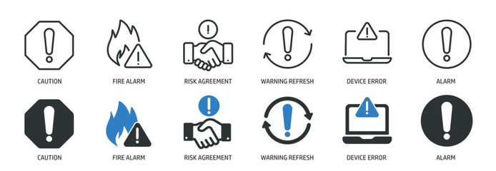 Alarm, alert, and risk line and glyph solid icons collection. Minimal icon and symbol series vector illustration