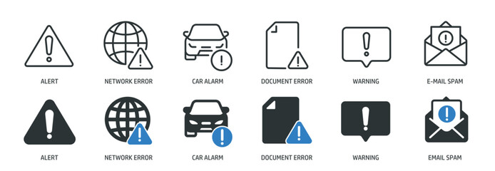 Alarm, alert, and risk line and glyph solid icons collection. Minimal icon and symbol series vector illustration