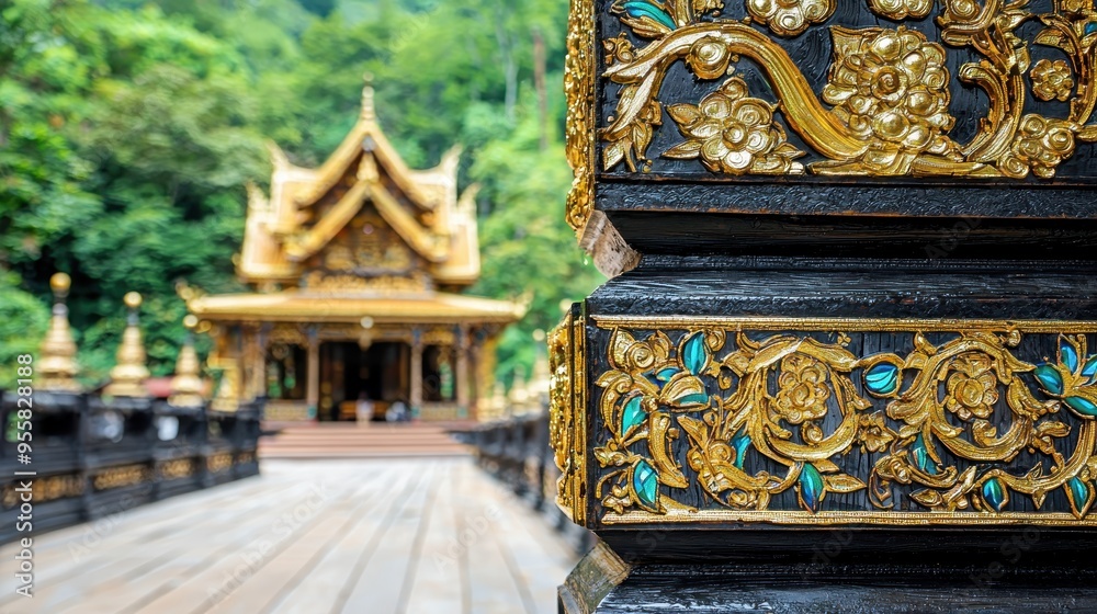 Sticker golden floral carvings on black wooden structure with temple in background