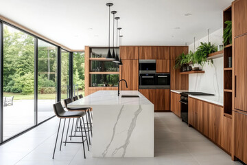 Minimalist modern kitchen with white marble countertop, wood cabinets, black barstools, and sliding glass doors overlooking nature.