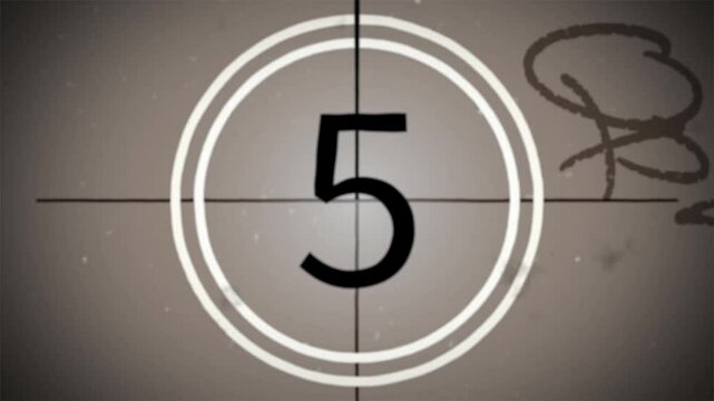 Old movie film countdown. Vintage defocus film look, flicker, grain, scratch effect. Animation.