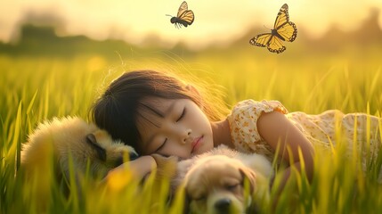 Golden Hour Dreams: A young girl slumbers peacefully in a field of golden grass, surrounded by two adorable puppies and fluttering butterflies.