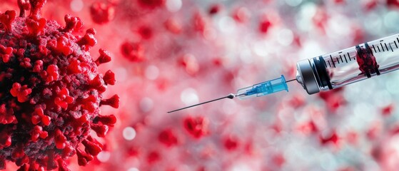 A close-up of a syringe injecting a vaccine into a virus, symbolizing the fight against disease and the importance of vaccination.