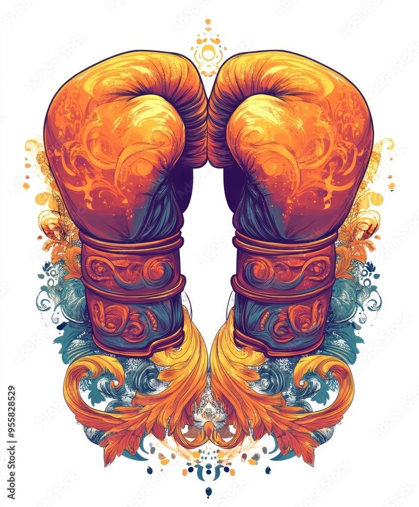 Canvas Prints A vibrant illustration of boxing gloves with decorative elements.