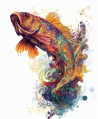 A vibrant, abstract illustration of a fish surrounded by colorful swirls and patterns.