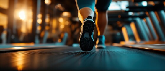Fototapeta premium A close-up view of a runner on a treadmill in a bright gym, showcasing determination and fitness lifestyle.