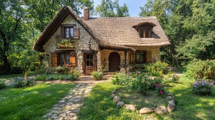 Fototapeta premium Charming Stone Cottage with Thatched Roof in Lush Garden
