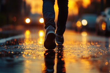 A person walks on a wet street during sunset, creating a serene reflection in the puddles.