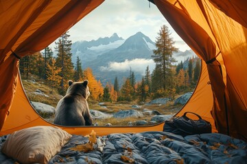 POV from a camping tent: A grizzly bear is looking inside a tent, with a scenic view of the mountains in the autumn
