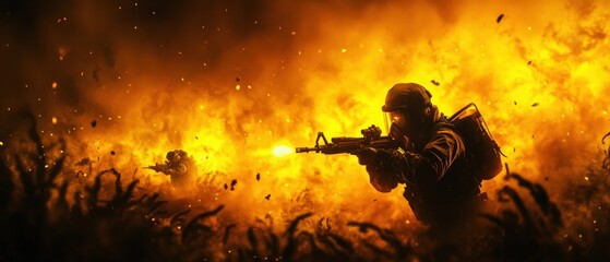 A soldier stands amidst an intense explosion, showcasing bravery and action in a fiery battlefield, capturing the essence of war.