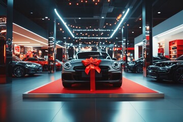 Luxury Car Promotion Event, New Vehicle on Display in Showroom with Red Ribbon and Bright Spotlights