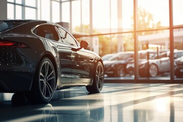 A stylish new car positioned next to a large showroom window, with sunlight streaming through and casting shadows on the floor. The car's doors should be open, showcasing the luxurious interior.