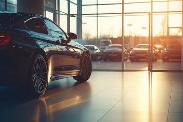 Modern Luxury Car Showroom Display with Sunlight and Open Doors, Vehicle Selection Background Setting for Promotion or Logo Space