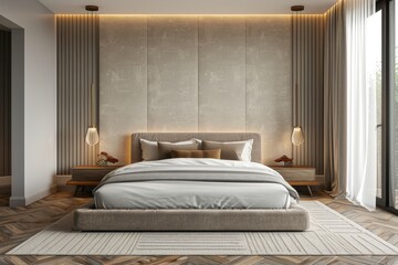 Modern bedroom with beige velvet headboard, light gray walls, wooden floor, herringbone carpet, and soft lamp lighting.